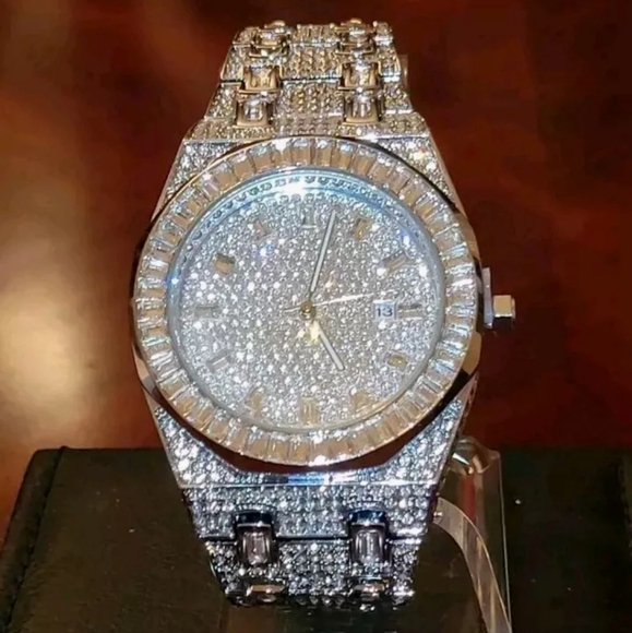 Mens Full Covered Iced Out Round & Baguette Bling Simulated Diamond Quartz Watch - Picture 7 of 13